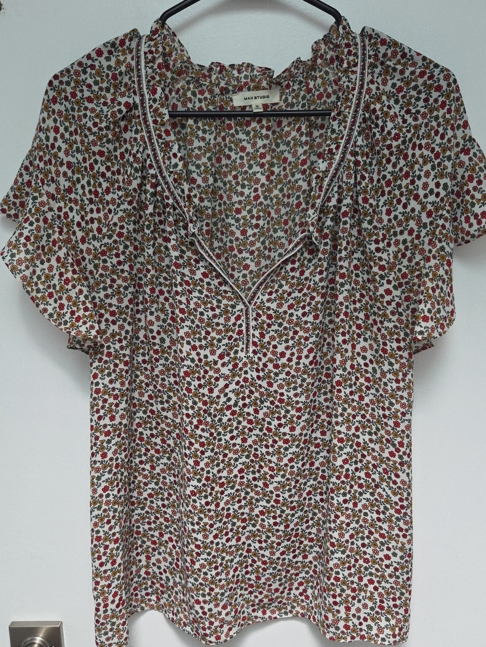 Max Studio Boho Cream Floral Ruffle Split Neck Blouse with Red and Green Accents